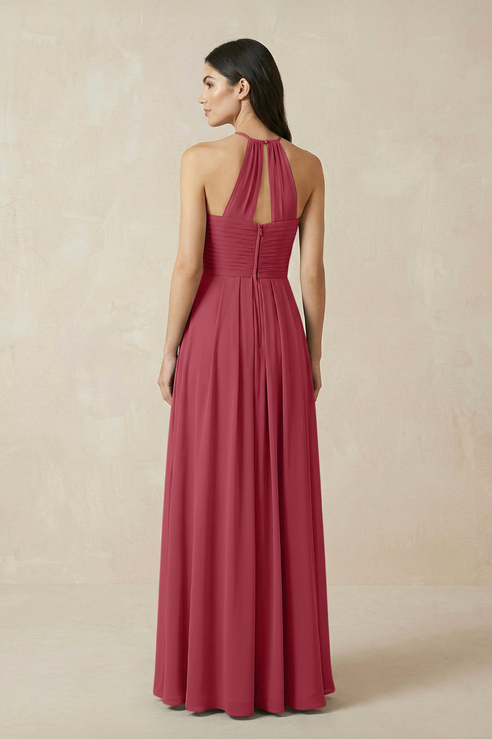 A-Line Halter Neck Pleated Chiffon Bridesmaid Dress in Merlot