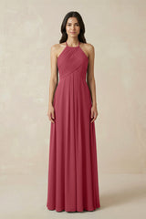 Merlot A-Line Halter Neck Pleated Chiffon Bridesmaid Dress | KISSBRIDAL