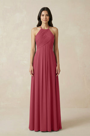 Merlot A-Line Halter Neck Pleated Chiffon Bridesmaid Dress | KISSBRIDAL