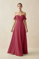 Merlot A-Line Off-the-Shoulder Chiffon Bridesmaid Dress | KISSBRIDAL