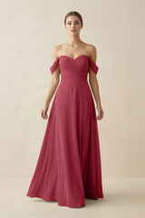 Merlot A-Line Off-the-Shoulder Chiffon Bridesmaid Dress | KISSBRIDAL