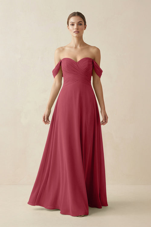 Merlot A-Line Off-the-Shoulder Chiffon Bridesmaid Dress | KISSBRIDAL