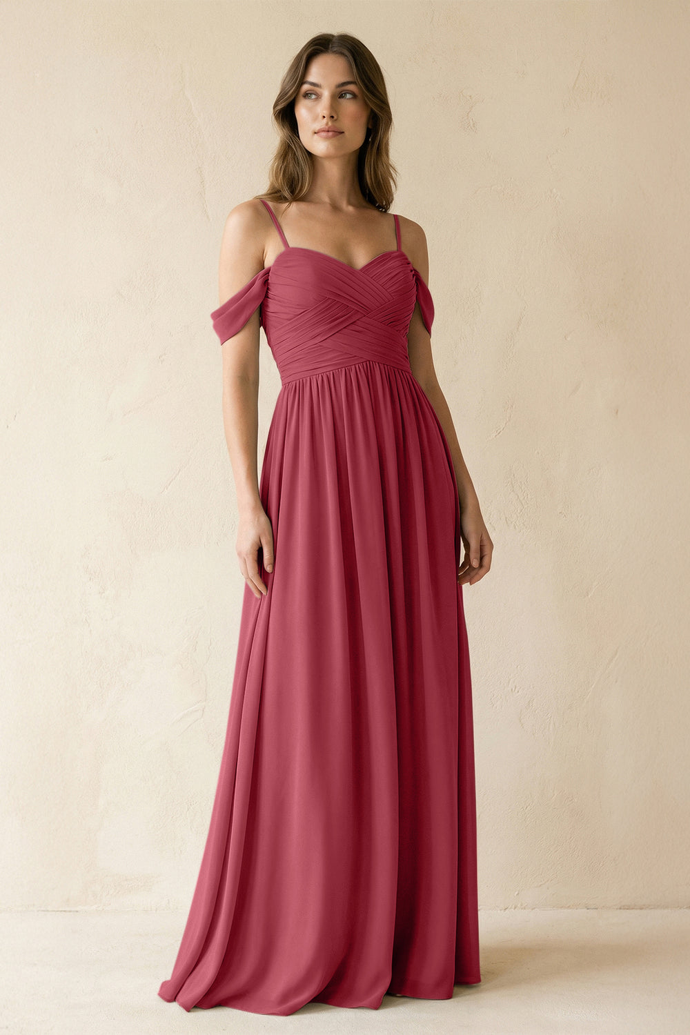 A-Line Off-the-Shoulder Pleated Chiffon Bridesmaid Dress in Merlot