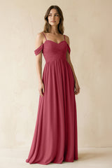 Merlot A-Line Off-the-Shoulder Pleated Chiffon Bridesmaid Dress | KISSBRIDAL