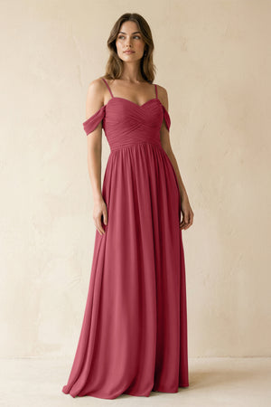 Merlot A-Line Off-the-Shoulder Pleated Chiffon Bridesmaid Dress | KISSBRIDAL