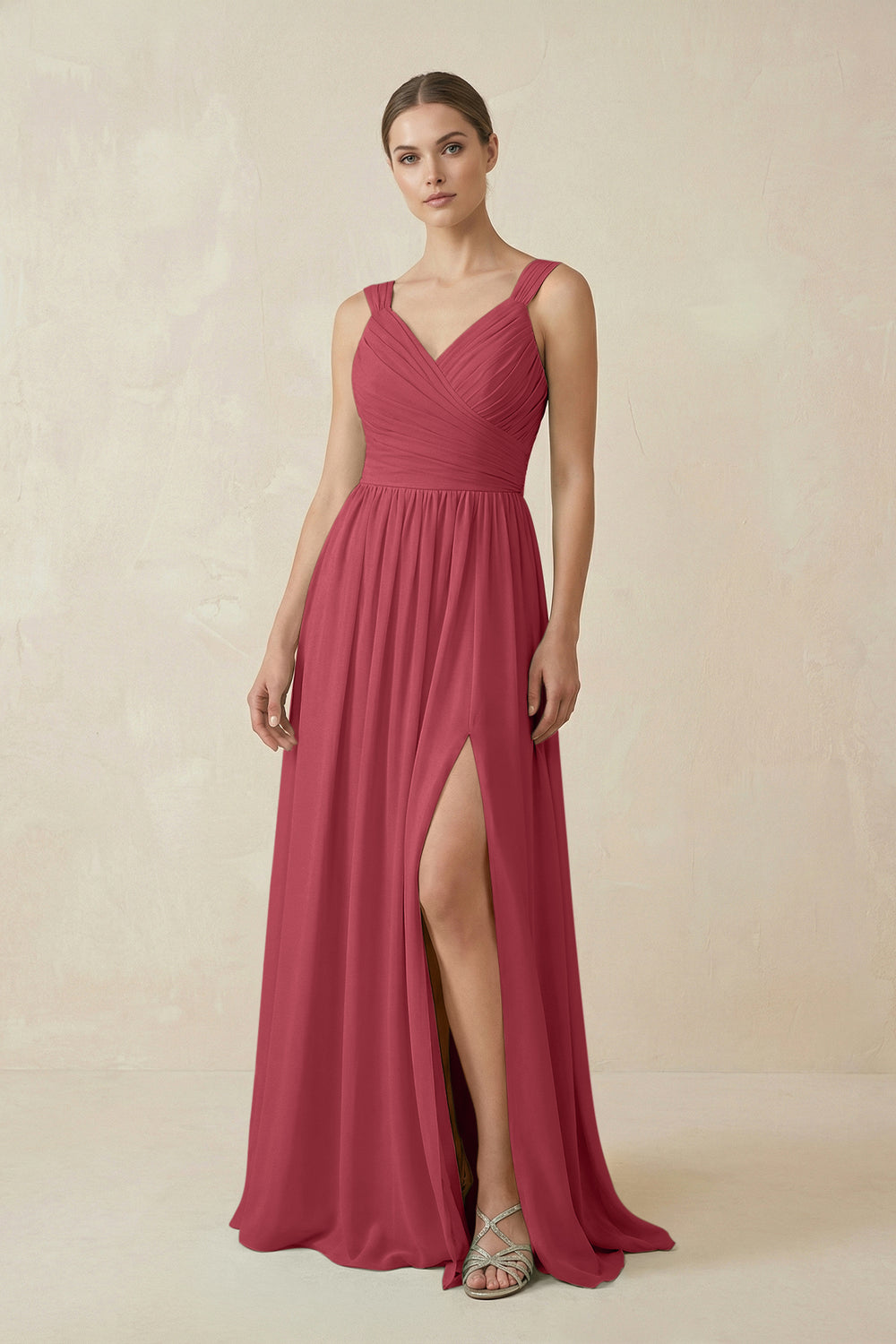 A-Line Pleated Chiffon Long Bridesmaid Dress in Merlot