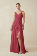 Merlot A-Line Pleated Chiffon Long Bridesmaid Dress | KISSBRIDAL