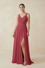 Merlot A-Line Pleated Chiffon Long Bridesmaid Dress | KISSBRIDAL