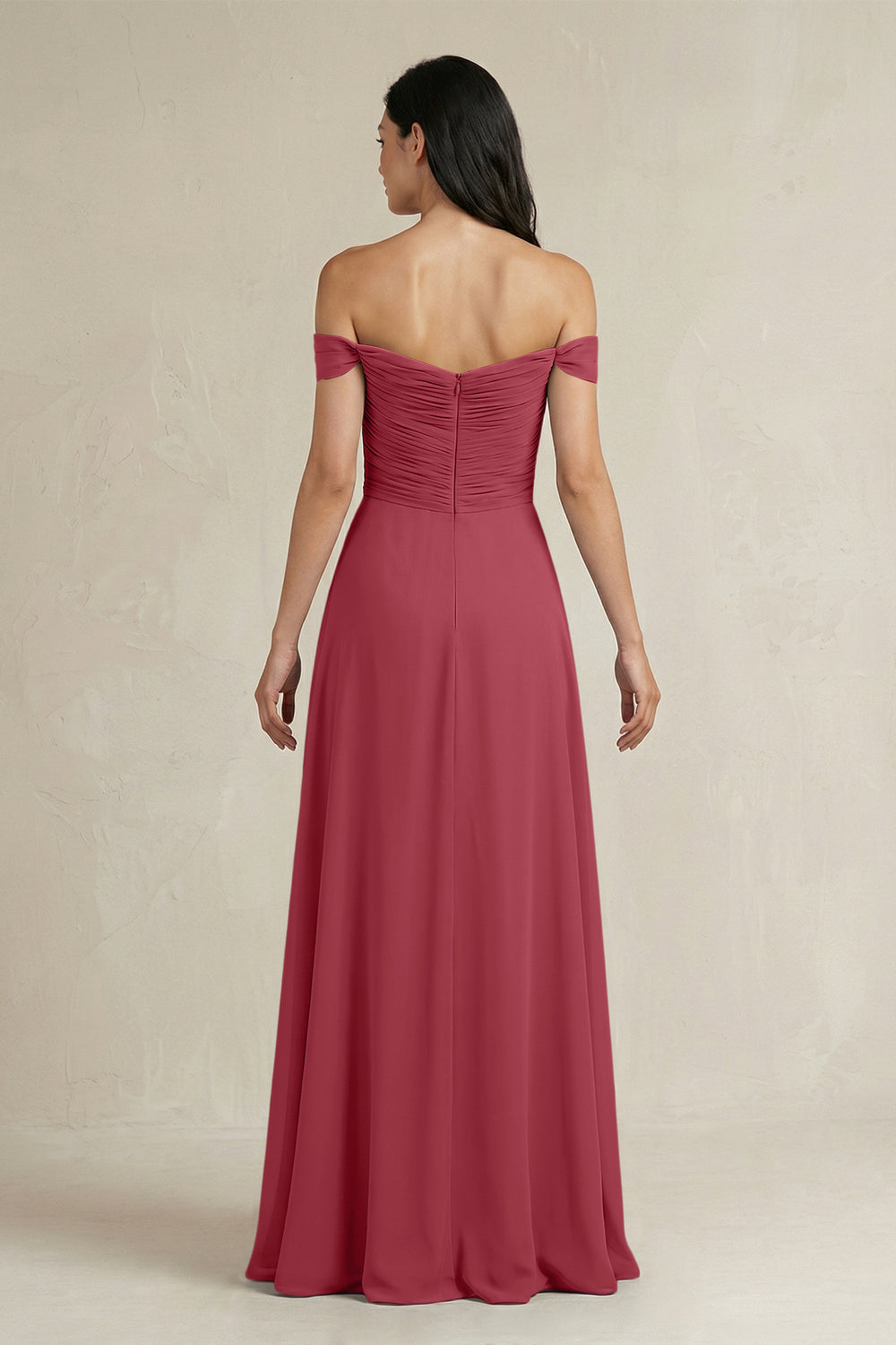 A-Line Pleated Off-the-Shoulder Chiffon Bridesmaid Dress in Merlot
