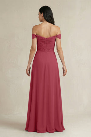 Merlot A-Line Pleated Off-the-Shoulder Chiffon Bridesmaid Dress (2) | KISSBRIDAL