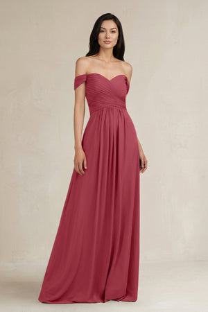 Merlot A-Line Pleated Off-the-Shoulder Chiffon Bridesmaid Dress | KISSBRIDAL