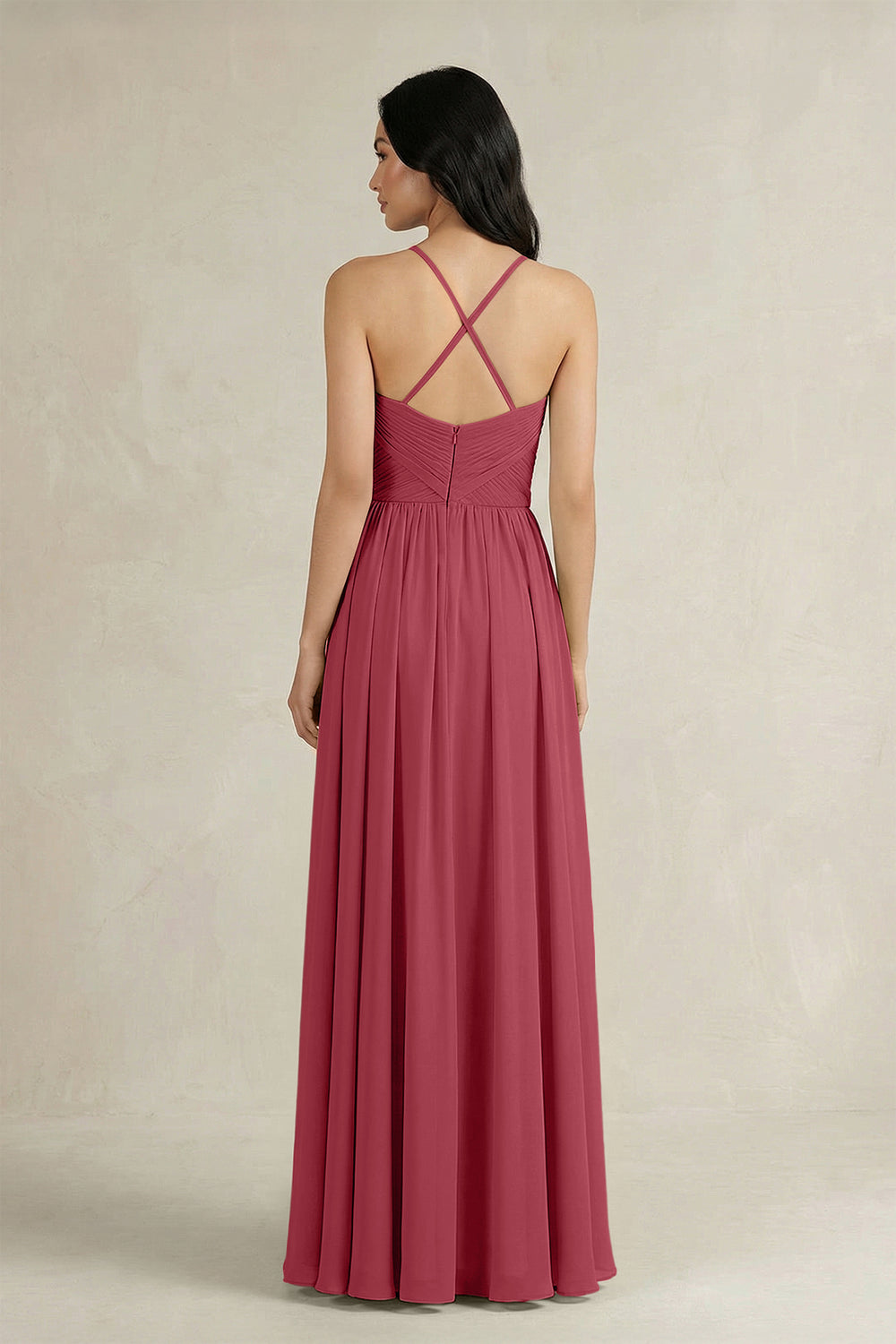A-Line Pleated Spaghetti Strap Chiffon Bridesmaid Dress in Merlot