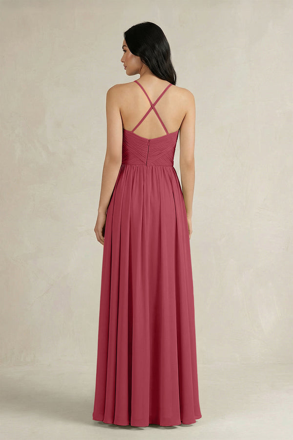 Merlot A-Line Pleated Spaghetti Strap Chiffon Bridesmaid Dress (2) | KISSBRIDAL