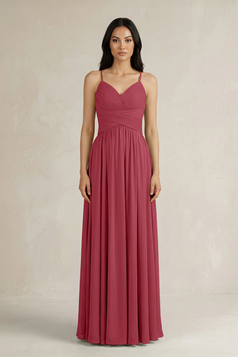 A-Line Pleated Spaghetti Strap Chiffon Bridesmaid Dress in Merlot