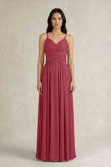 Merlot A-Line Pleated Spaghetti Strap Chiffon Bridesmaid Dress | KISSBRIDAL