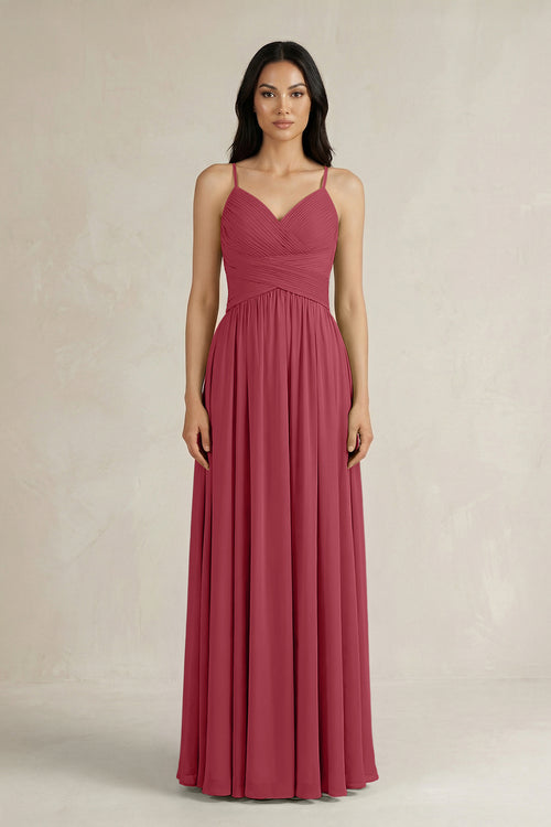 Merlot A-Line Pleated Spaghetti Strap Chiffon Bridesmaid Dress | KISSBRIDAL