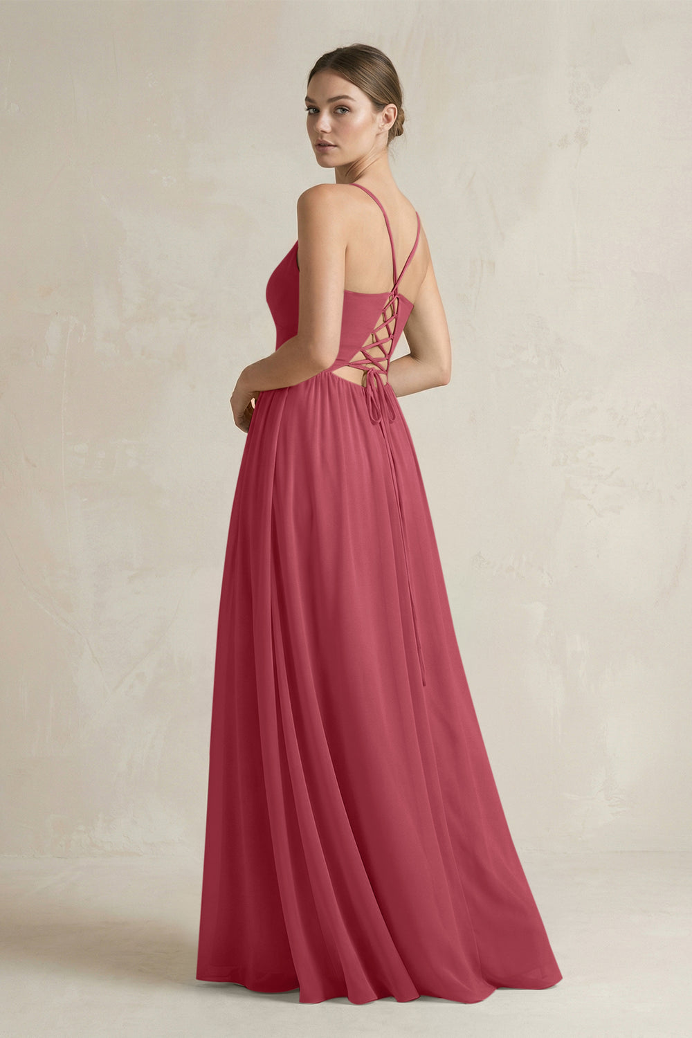 A-Line Spaghetti Strap Chiffon Bridesmaid Dress in Merlot