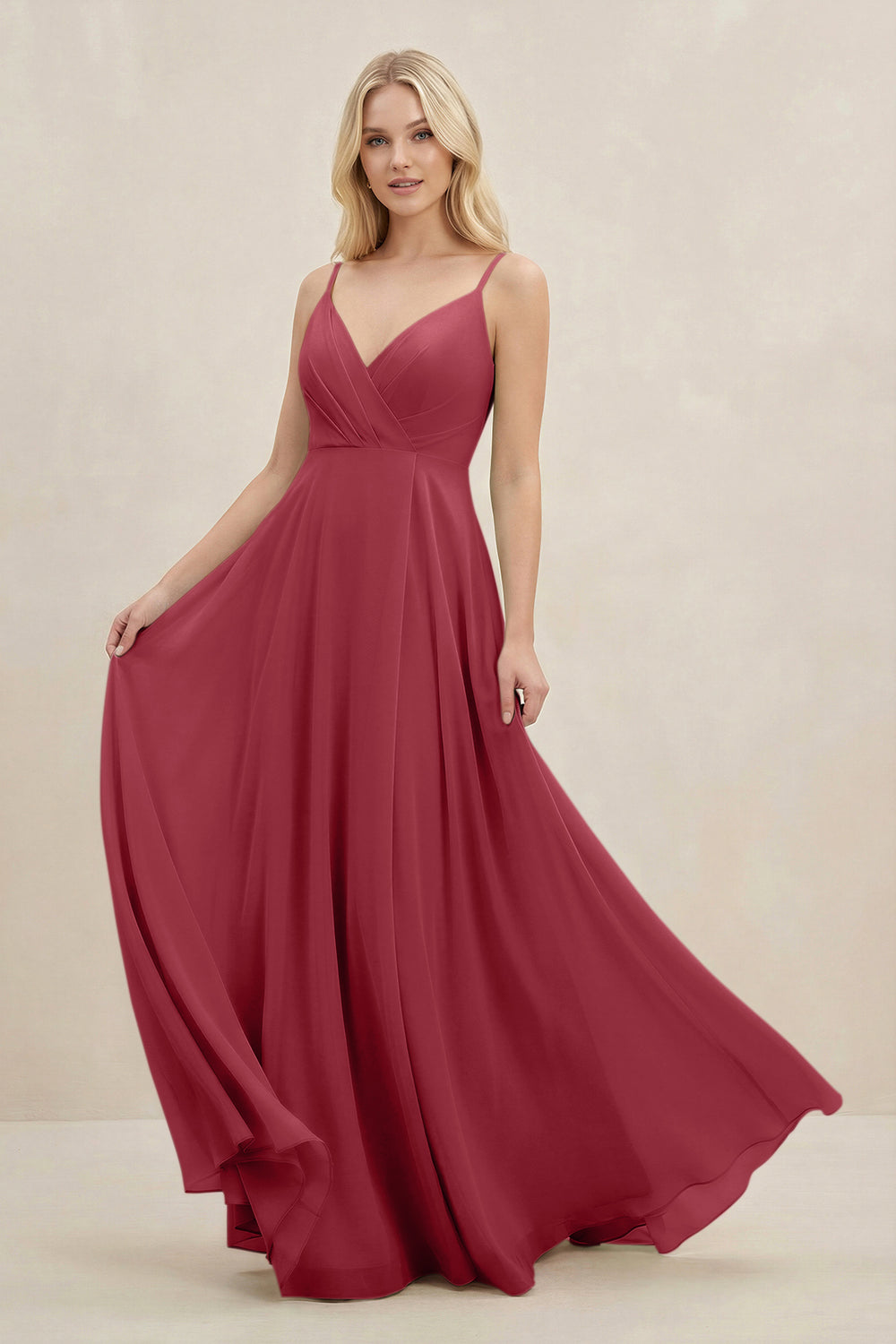 A-Line Spaghetti Strap Chiffon Bridesmaid Dress in Merlot