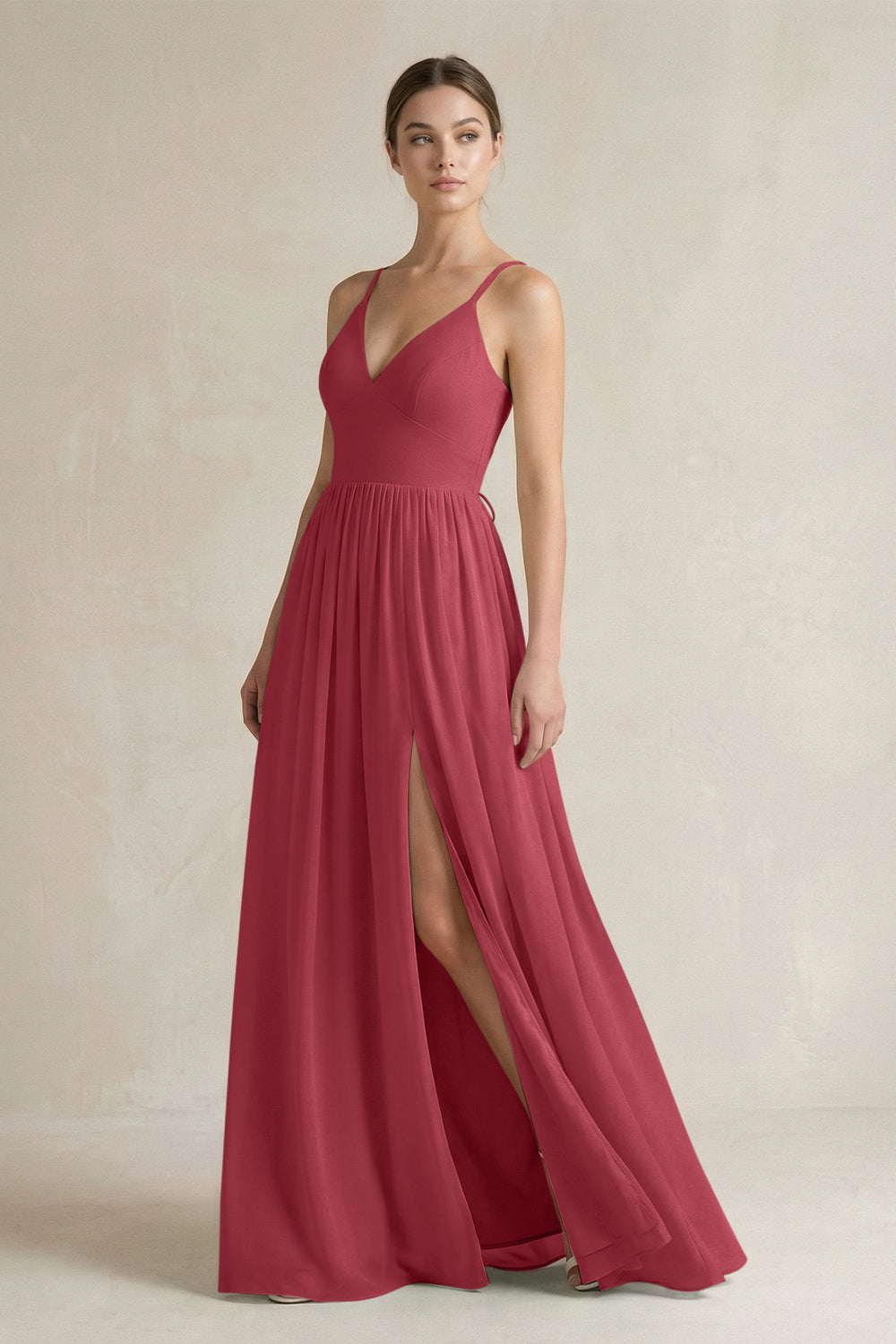 A-Line Spaghetti Strap Chiffon Bridesmaid Dress in Merlot