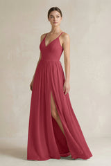 Merlot A-Line Spaghetti Strap Chiffon Bridesmaid Dress | KISSBRIDAL
