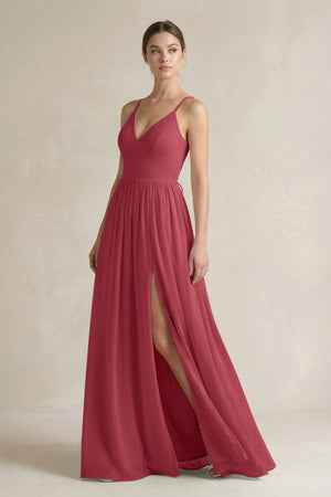 Merlot A-Line Spaghetti Strap Chiffon Bridesmaid Dress | KISSBRIDAL