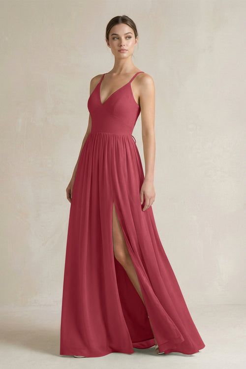Merlot A-Line Spaghetti Strap Chiffon Bridesmaid Dress | KISSBRIDAL