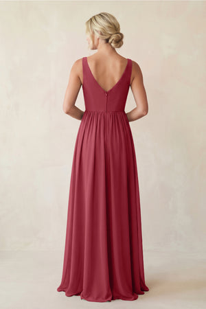 Merlot A-Line V-Neck Pleated Chiffon Bridesmaid Dress (2) | KISSBRIDAL