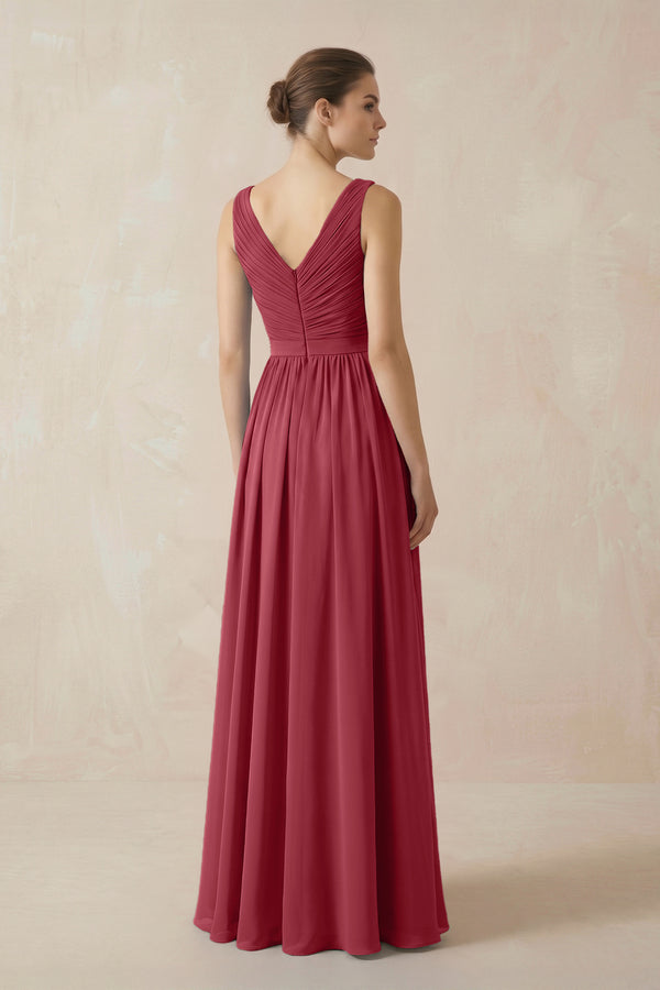 Merlot A-Line V-Neck Pleated Chiffon Bridesmaid Dress (2) | KISSBRIDAL