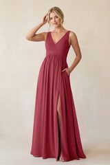Merlot A-Line V-Neck Pleated Chiffon Bridesmaid Dress | KISSBRIDAL