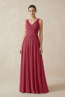 Merlot A-Line V-Neck Pleated Chiffon Bridesmaid Dress | KISSBRIDAL