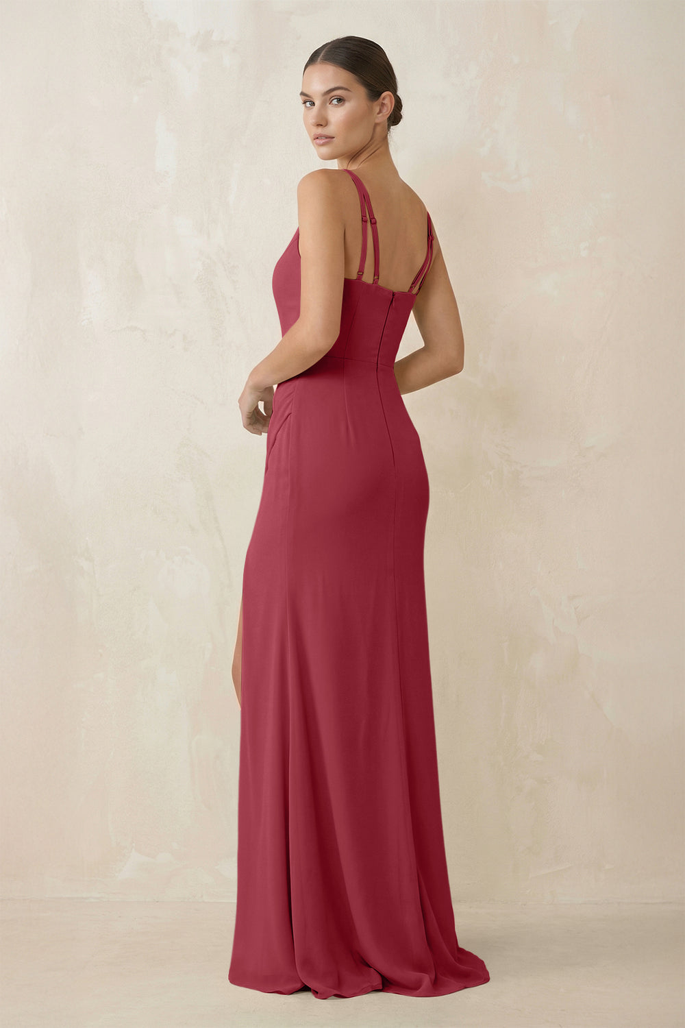 Cami Strap Chiffon Sheath Bridesmaid Gown in Merlot