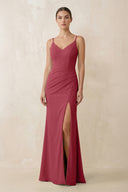 Merlot Cami Strap Chiffon Sheath Bridesmaid Gown | KISSBRIDAL