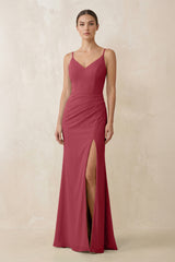 Merlot Cami Strap Chiffon Sheath Bridesmaid Gown | KISSBRIDAL