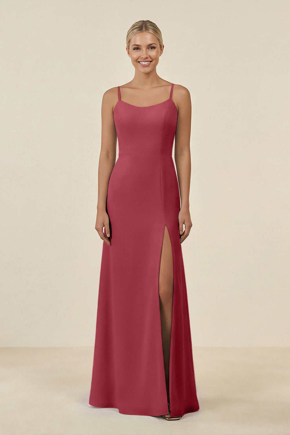 Cami Strap Chiffon Sheath Bridesmaid Gown in Merlot
