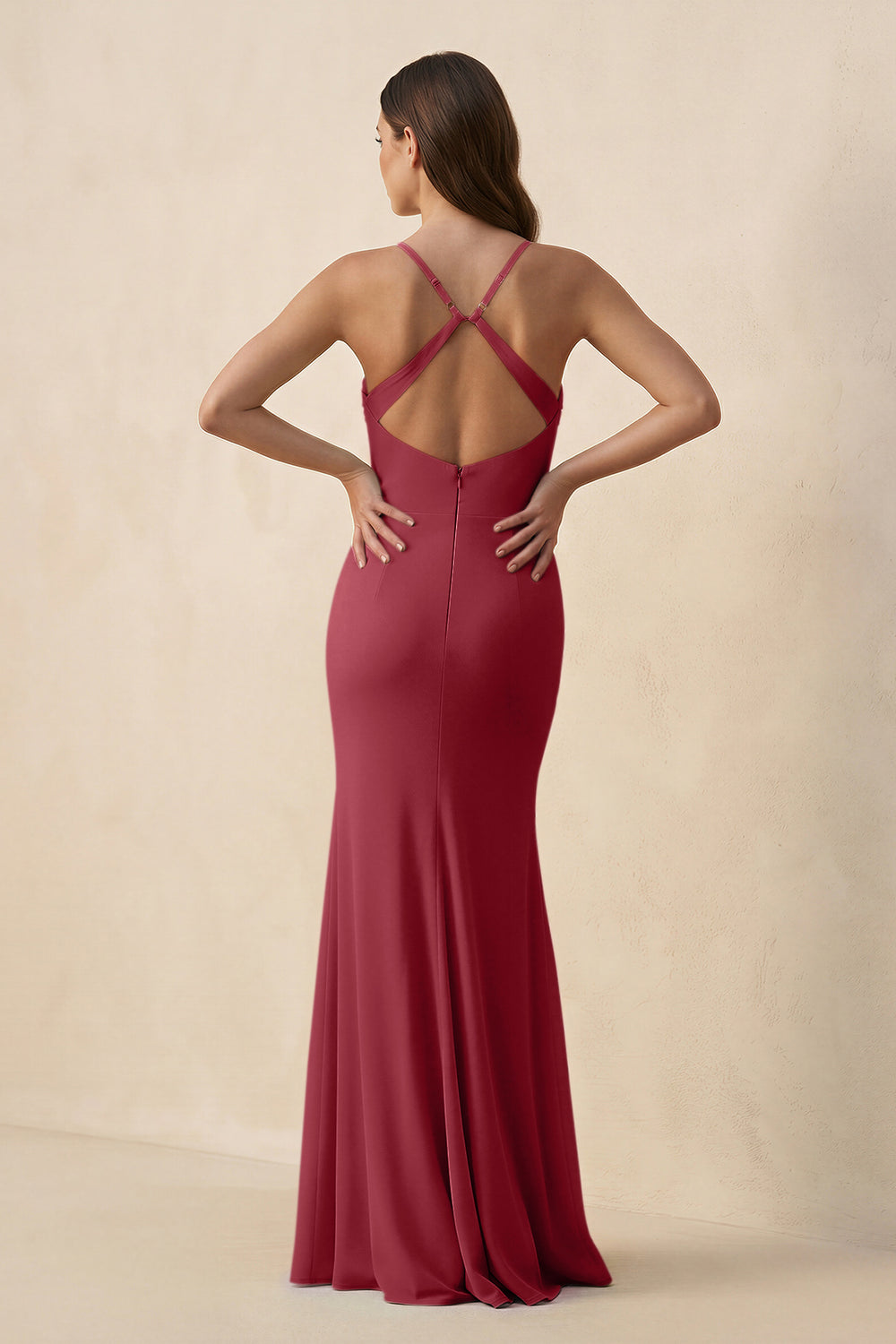 Cami Strap Sheath Chiffon Bridesmaid Dress with Slit in Merlot