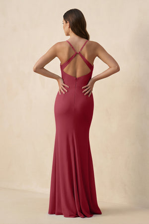 Merlot Cami Strap Sheath Chiffon Bridesmaid Dress with Slit (2) | KISSBRIDAL