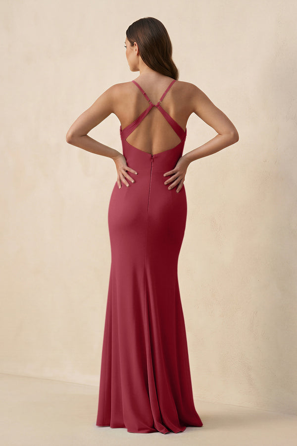 Merlot Cami Strap Sheath Chiffon Bridesmaid Dress with Slit (2) | KISSBRIDAL