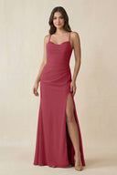 Merlot Cami Strap Sheath Chiffon Bridesmaid Dress with Slit | KISSBRIDAL