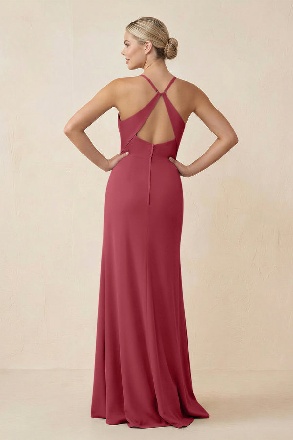 Merlot Cami Strap Sheath Ruched Bridesmaid Dress With Slit (2) | KISSBRIDAL