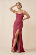 Merlot Cami Strap Sheath Ruched Bridesmaid Dress With Slit | KISSBRIDAL