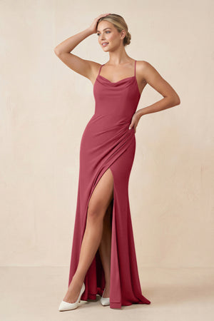 Merlot Cami Strap Sheath Ruched Bridesmaid Dress With Slit | KISSBRIDAL