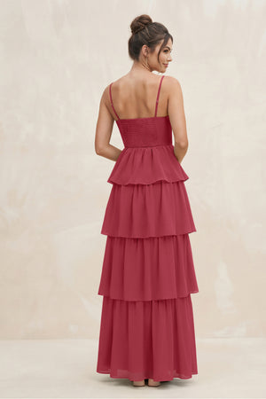 Merlot Cami Strap Tiered A-Line Chiffon Bridesmaid Dress (2) | KISSBRIDAL