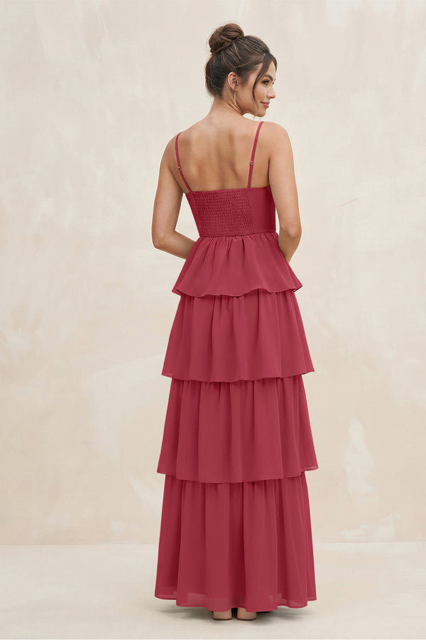 Merlot Cami Strap Tiered A-Line Chiffon Bridesmaid Dress (2) | KISSBRIDAL