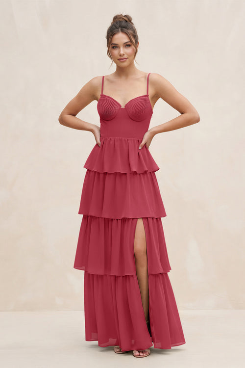 Merlot Cami Strap Tiered A-Line Chiffon Bridesmaid Dress | KISSBRIDAL
