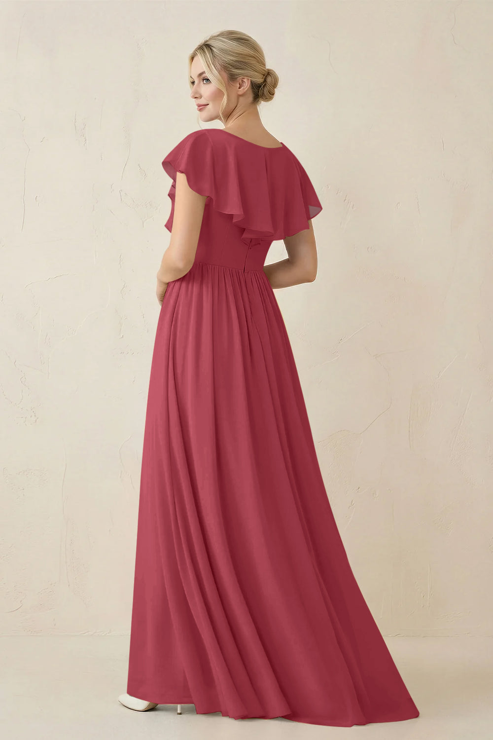 Cap Sleeve A-Line Ruffled Chiffon Bridesmaid Dress in Merlot