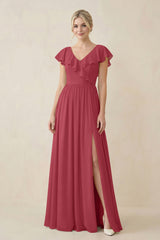 Merlot Cap Sleeve A-Line Ruffled Chiffon Bridesmaid Dress | KISSBRIDAL