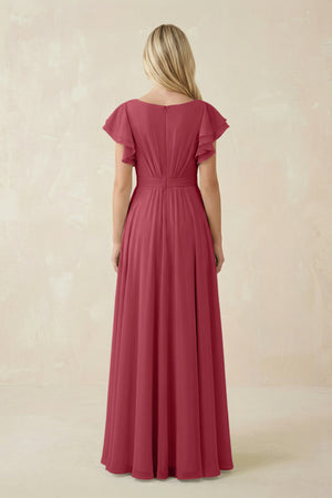 Merlot Cap Sleeve Ruffled A-Line Chiffon Bridesmaid Dress (2) | KISSBRIDAL