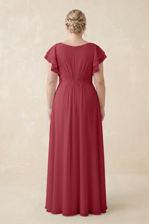 Merlot Cap Sleeve Ruffled A-Line Chiffon Bridesmaid Dress (2) | KISSBRIDAL