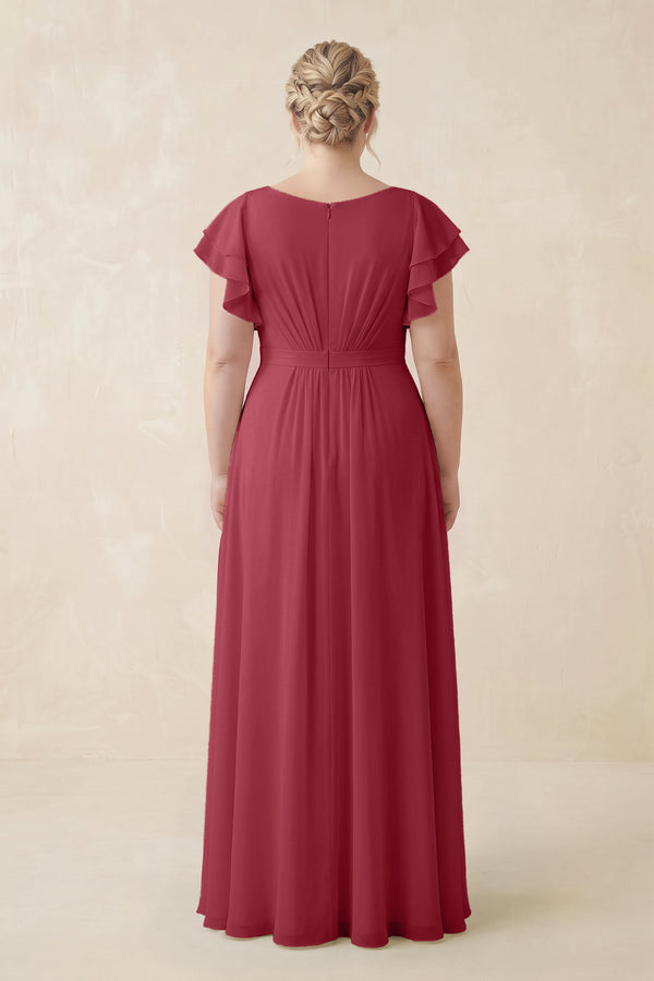 Merlot Cap Sleeve Ruffled A-Line Chiffon Bridesmaid Dress (2) | KISSBRIDAL