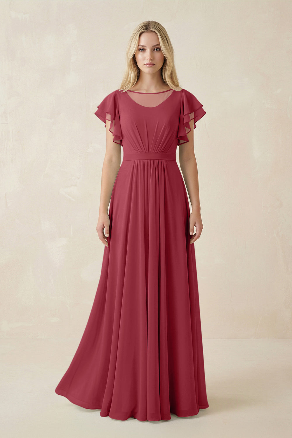 Cap Sleeve Ruffled A-Line Chiffon Bridesmaid Dress in Merlot